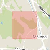 Karta som med röd fyrkant ramar in Bifrost, Toltorpsgatan, Mölndal, Västra Götalands län