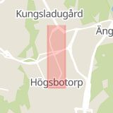 Karta som med röd fyrkant ramar in Högsbogatan, Göteborg, Västra Götalands län