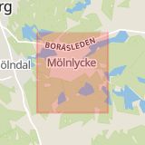 Karta som med röd fyrkant ramar in Mölnlycke, Göteborg, Färgelanda, Västra Götalands län