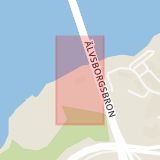 Karta som med röd fyrkant ramar in Röda Sten, Klippan, Hamnplan, Älvsborgsbron, Bommen, Göteborg
