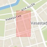 Karta som med röd fyrkant ramar in Vasastaden, Gtis Gymnasieskola, Karl Gustavsgatan, Göteborg, Västra Götalands län