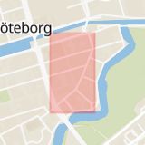 Karta som med röd fyrkant ramar in Östra Larmgatan, Göteborg, Västra Götalands län