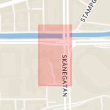 Karta som med röd fyrkant ramar in Skånegatan, Ullevigatan, Göteborg, Västra Götalands län