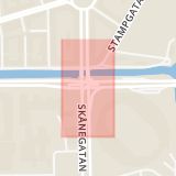 Karta som med röd fyrkant ramar in Skånegatan, Ullevigatan, Göteborg, Västra Götalands län