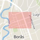 Karta som med röd fyrkant ramar in Yxhammargatan, Borås, Västra Götalands län