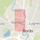 Karta som med röd fyrkant ramar in Norrby, Norrby Långgata, Borås, Västra Götalands län