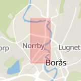 Karta som med röd fyrkant ramar in Norrby Långgata, Borås, Västra Götalands län