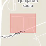 Karta som med röd fyrkant ramar in Fordonsvägen, Sagaholmsvägen, Ljungarum, Jönköping, Jönköpings län