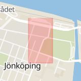 Karta som med röd fyrkant ramar in Jönköping, Norrskogsvägen, Värnamo, Västra Storgatan, Vetlanda, Jönköpings län