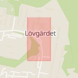 Karta som med röd fyrkant ramar in Lövgärdet, Senapsgatan, Göteborg, Västra Götalands län