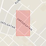 Karta som med röd fyrkant ramar in Smedjegatan, Torsgatan, Vara, Västra Götalands län