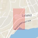 Karta som med röd fyrkant ramar in Järnvägsgatan, Landsvägsgatan, Lysekil, Västra Götalands län