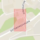 Karta som med röd fyrkant ramar in Göteborgsvägen, Ica Kvantum, Uddevalla, Västra Götalands län