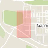 Karta som med röd fyrkant ramar in Garnisonen, Brigadgatan, Regementsgatan, Infanterivägen, Kompanigatan, Linköping, Östergötlands län