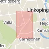 Karta som med röd fyrkant ramar in Östergötland, Djurgårdsgatan, Linköping, Alsättersgatan, Östergötlands län