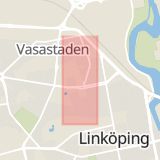 Karta som med röd fyrkant ramar in Östergötland, Platensgatan, Västra Vägen, Linköping, Fiskeby, Östergötlands län