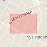 Karta som med röd fyrkant ramar in Nya Staden, Sara Videbäcksgatan, Lidköping, Västra Götalands län
