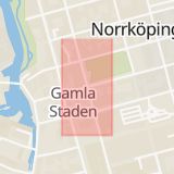 Karta som med röd fyrkant ramar in Drottninggatan, Skolgatan, Norrköping, Östergötlands län