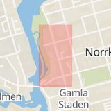 Karta som med röd fyrkant ramar in Gamla Rådstugugatan, Drottninggatan, Norrköping, Östergötlands län