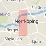 Karta som med röd fyrkant ramar in Östergötland, Drottninggatan, Norrköping, Klostergatan, Linköping, Hageby, Södra Stånggatan, Östergötlands län