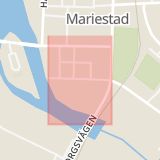 Karta som med röd fyrkant ramar in Magasinsgatan, Skövde, Mariestad, Västra Götalands län