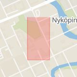 Karta som med röd fyrkant ramar in Södermanland, Nyköping, Västermarksgatan, Eskilstuna, Årbygatan, Södermanlands län