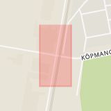 Karta som med röd fyrkant ramar in Järsjögatan, Västra Bangatan, Kumla, Örebro län