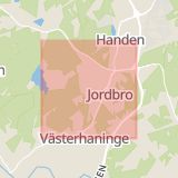 Karta som med röd fyrkant ramar in Jordbro, Farsta, Haninge, Stockholms län