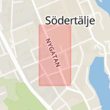 Karta som med röd fyrkant ramar in Nedre Torekällgatan, Nygatan, Södertälje, Stockholms län