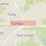Karta som med röd fyrkant ramar in Munkhättevägen, Tumba, Botkyrka, Stockholms län