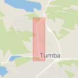 Karta som med röd fyrkant ramar in Tumbavägen, Botkyrka, Stockholms län