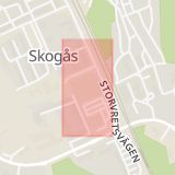 Karta som med röd fyrkant ramar in Skogås, Skogås Centrum, Huddinge, Stockholms län