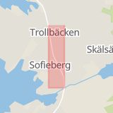 Karta som med röd fyrkant ramar in Gudöbroleden, Tyresö, Stockholms län