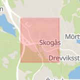 Karta som med röd fyrkant ramar in Storvretsvägen, Skogås, Huddinge, Stockholms län