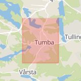 Karta som med röd fyrkant ramar in Tumba, Botkyrka, Stockholms län