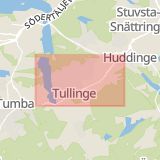 Karta som med röd fyrkant ramar in Huddingevägen, Tullinge, Flemingsberg, Botkyrka, Stockholms län