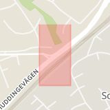 Karta som med röd fyrkant ramar in Huddingevägen, Glömstavägen, Fullersta, Huddinge, Stockholms län