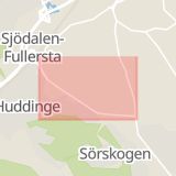 Karta som med röd fyrkant ramar in Sjödalen, Dalhemsvägen, Huddinge, Stockholms län