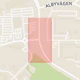 Karta som med röd fyrkant ramar in Kumla Gårdsväg, Hågelbyleden, Alby, Stockholms län