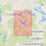 Karta som med röd fyrkant ramar in Sjödalen, Huddinge, Stockholms län