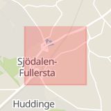 Karta som med röd fyrkant ramar in Huddingevägen, Fullersta, Stockholm, Huddinge, Stockholms län