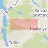 Karta som med röd fyrkant ramar in Glömsta, Glömstavägen, Huddinge, Stockholms län