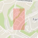 Karta som med röd fyrkant ramar in Farsta, Karlskogagatan, Stockholm, Stockholms län