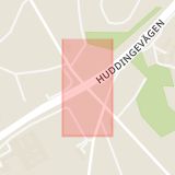 Karta som med röd fyrkant ramar in Stuvsta, Björkängsvägen, Huddingevägen, Huddinge, Stockholms län