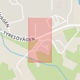 Karta som med röd fyrkant ramar in Bagarsvängen, Ridskolevägen, Tyresö, Stockholms län