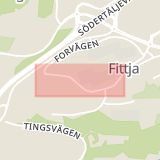 Karta som med röd fyrkant ramar in Fittja, Krögarvägen, Botkyrka, Stockholms län