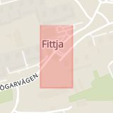 Karta som med röd fyrkant ramar in Fittja, Värdshusvägen, Botkyrka, Stockholms län