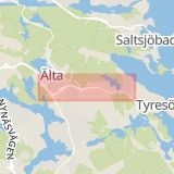 Karta som med röd fyrkant ramar in Hanviken, Älta, Tyresövägen, Tyresö, Stockholms län
