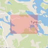Karta som med röd fyrkant ramar in Nacka, Tyresö, Stockholms län