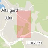 Karta som med röd fyrkant ramar in Lovisedalsvägen, Älta, Nacka, Stockholms län